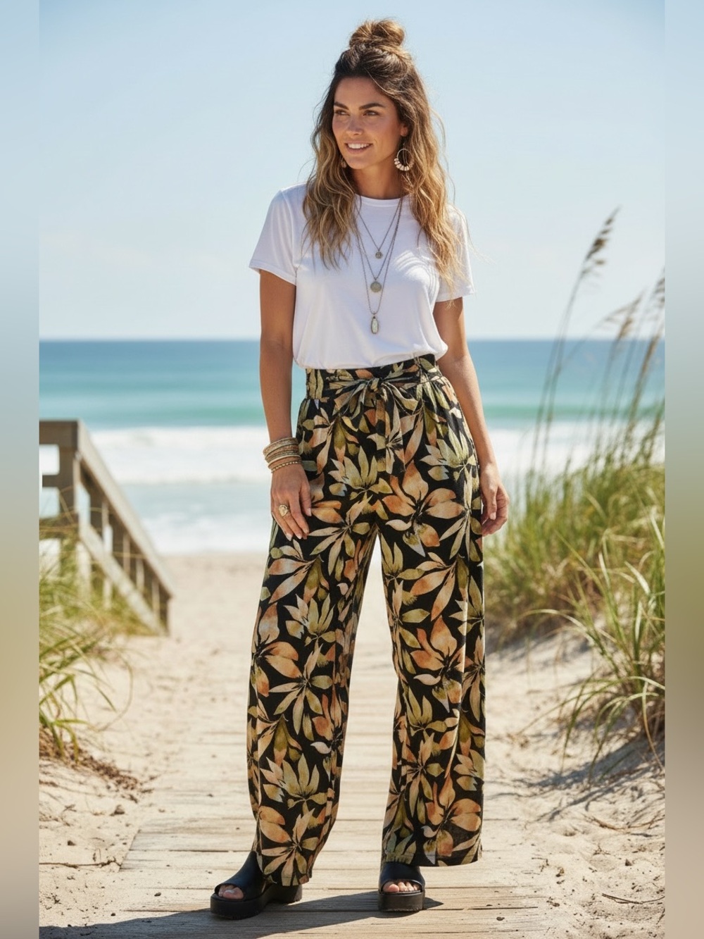 Volcom Black Wide Leg Tropical Print Pants with Green and Tan Leaves
